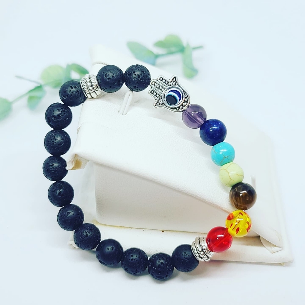 Lava Stone 7 chakra crystals Hamsa hand evil eye bracelet 😍